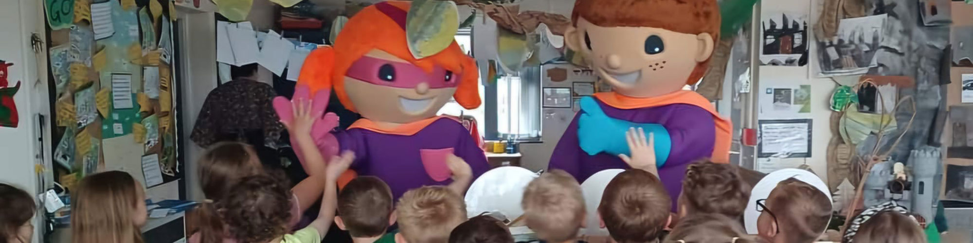 Mascots meeting with primary school children in Wrexham